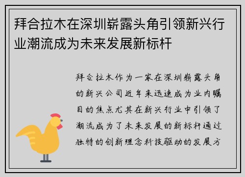 拜合拉木在深圳崭露头角引领新兴行业潮流成为未来发展新标杆